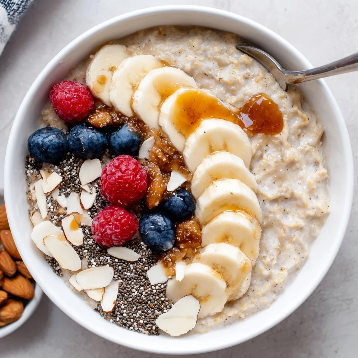 Warm Protein Oatmeal steaming in a bowl, drizzled with maple syrup.