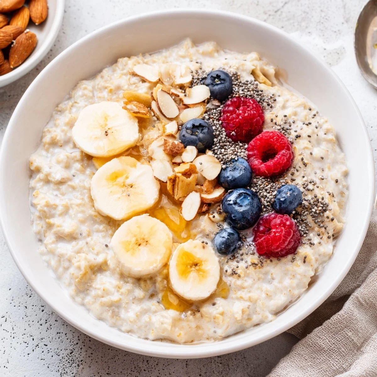 Spoonful of Protein Oatmeal, warm and creamy, garnished with chopped almonds.
