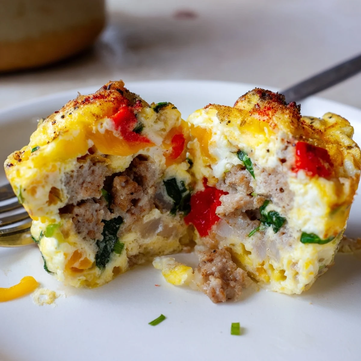 Golden, aromatic breakfast bites: Turkey Sausage Egg Muffins cooling on countertop.
