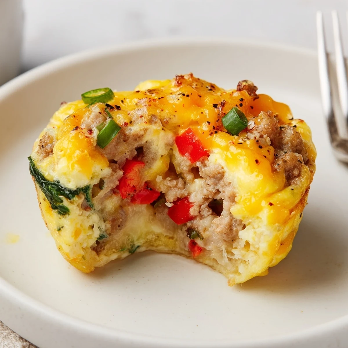 Sliced Turkey Sausage Egg Muffins stacked in container, dotted with colorful peppers.