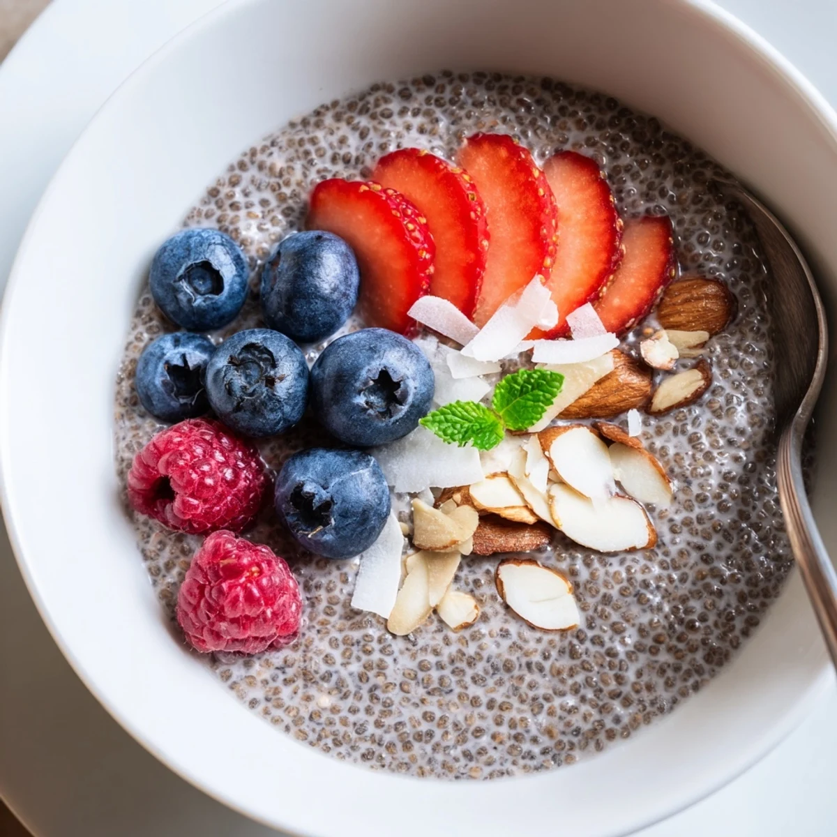 Creamy Chia Seed Pudding crowned with fresh berries and toasted almonds.