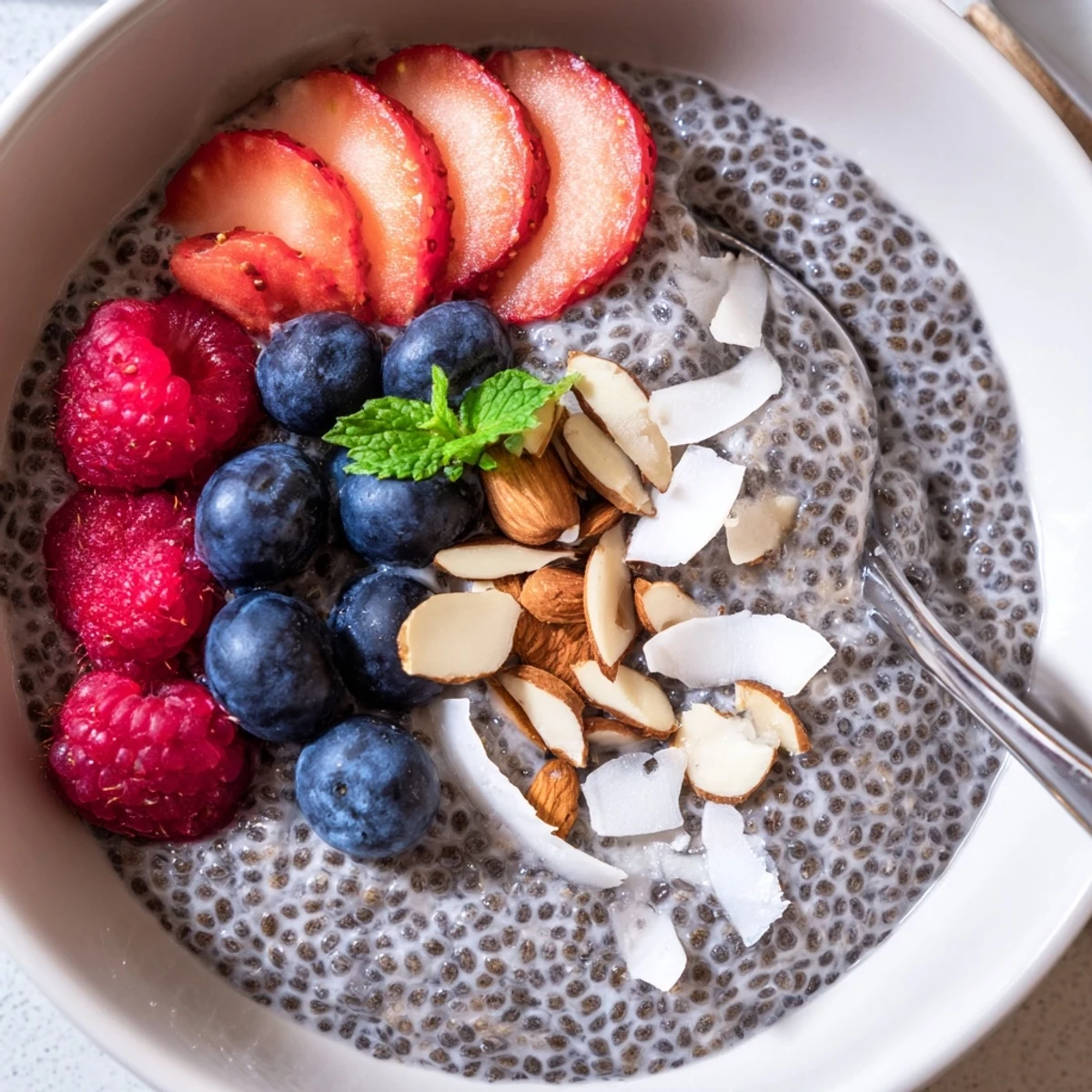 Layered parfait of Chia Seed Pudding with raspberry puree and shredded coconut.