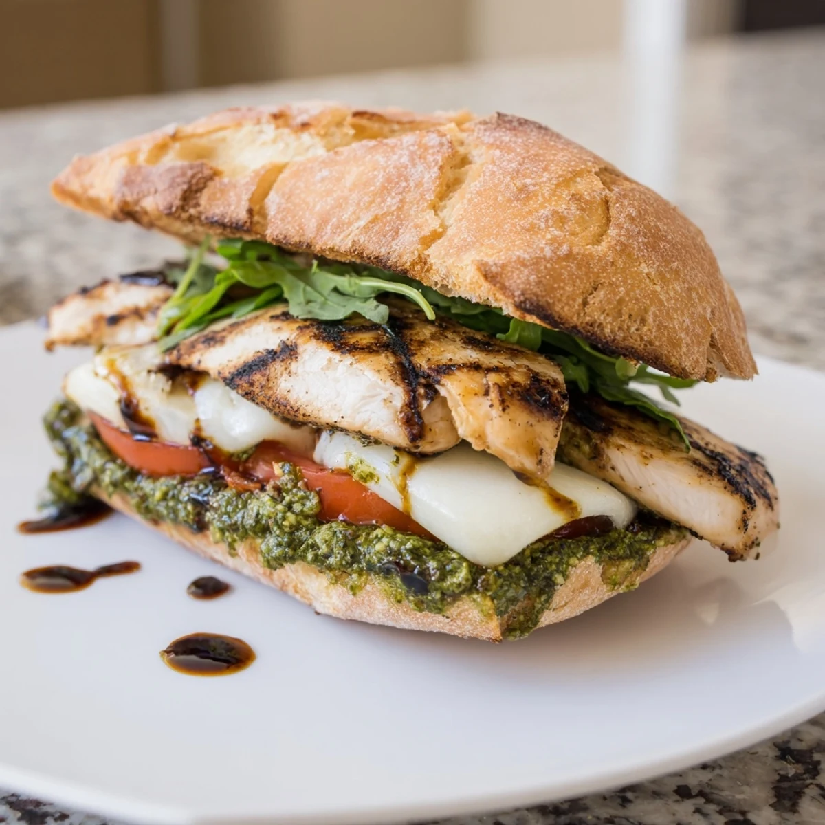 Toasted ciabatta holds a Grilled Chicken Pesto Sandwich, fragrant and melty.