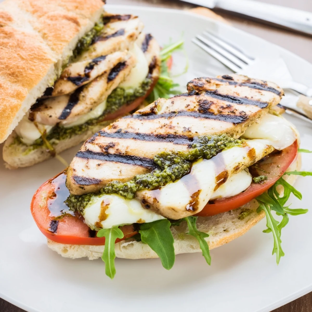 Warm Grilled Chicken Pesto Sandwich layered with juicy chicken, fresh tomato, mozzarella.
