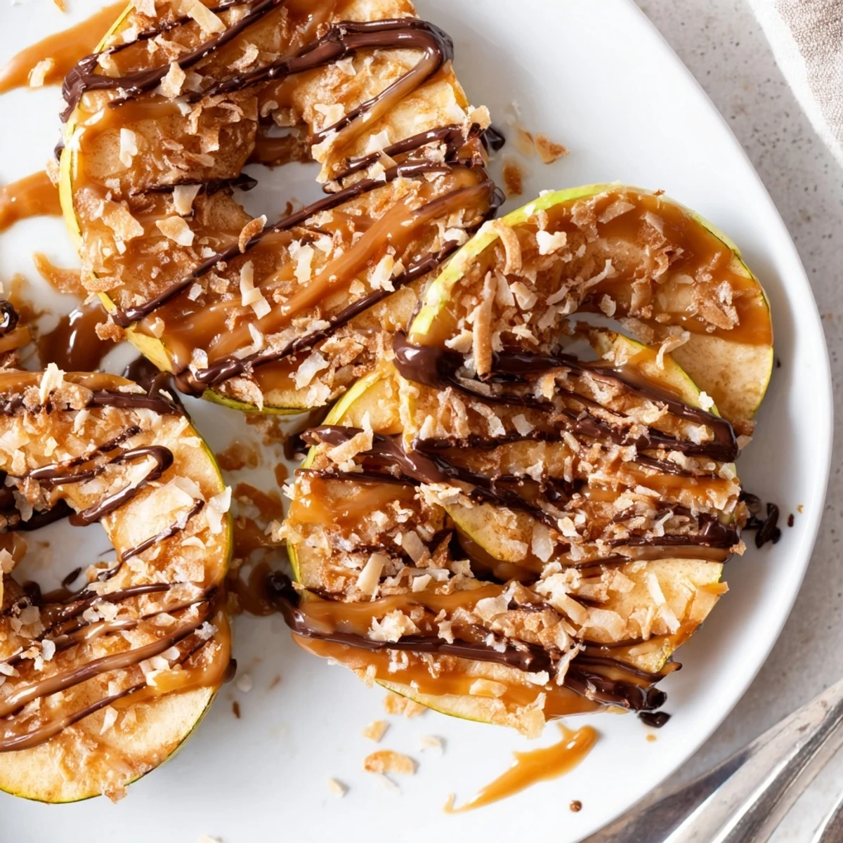 Samoa Apple Slices with gooey caramel, toasted coconut, and chocolate drizzle.