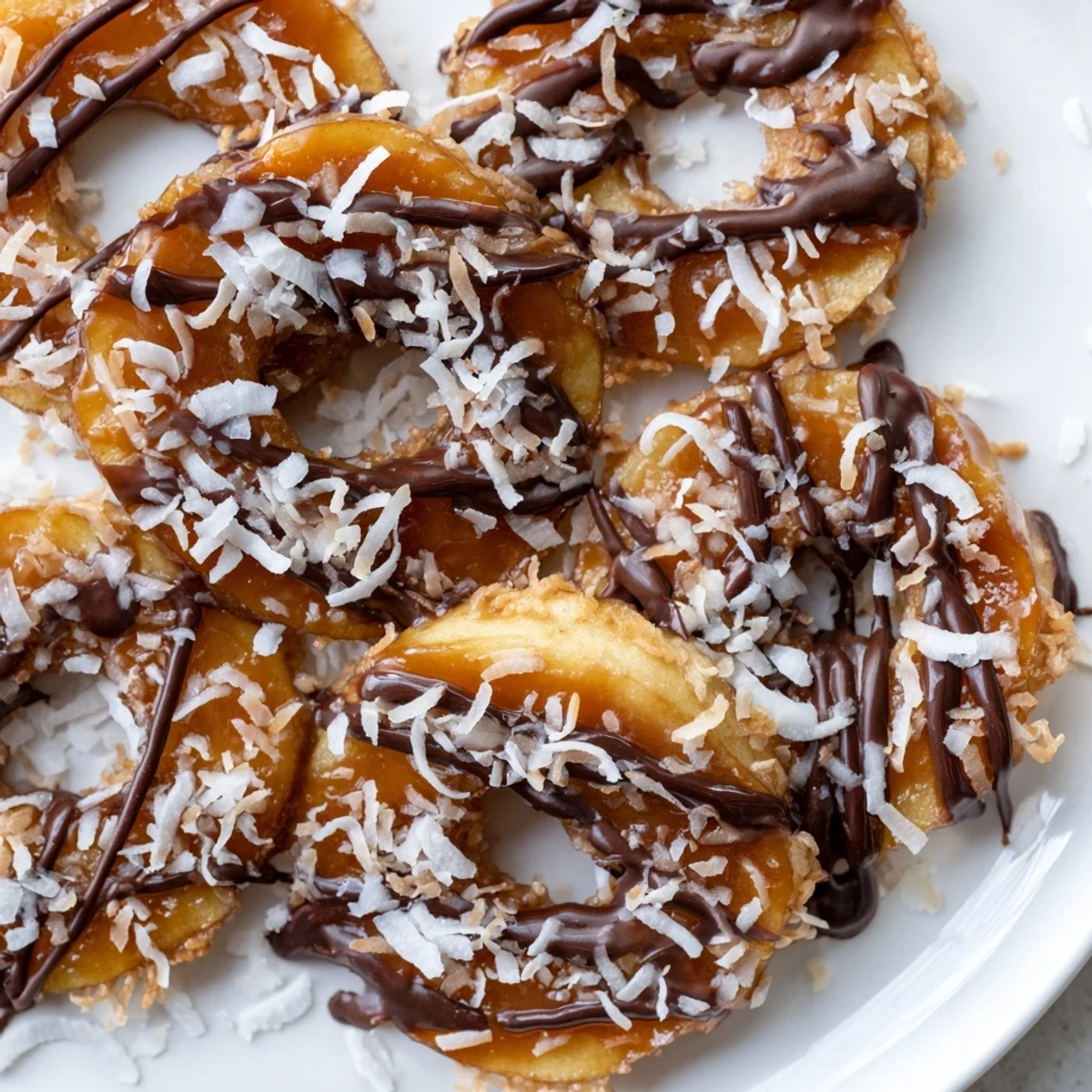 Crisp apple rounds topped with sweet coconut flakes and chocolate, Samoa Apple Slices.