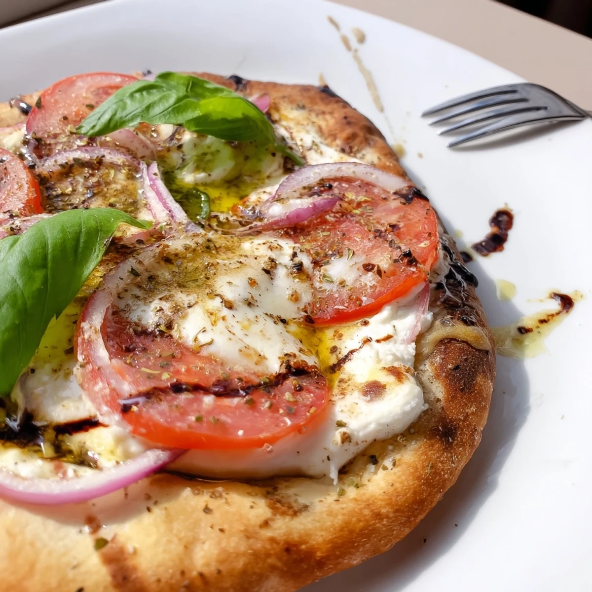 Warm Caprese Pita Pizza With Whipped Garlic Feta topped with bubbling mozzarella