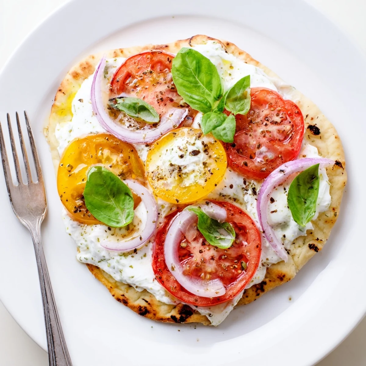 Freshly sliced tomatoes and basil on Caprese Pita Pizza With Whipped Garlic Feta