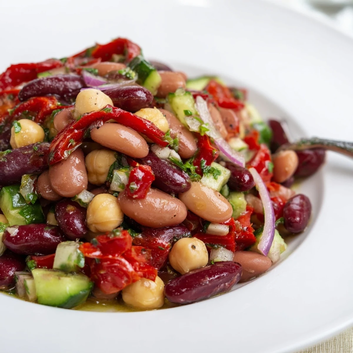 Homestyle Dense Bean Salad With Sun Dried Tomatoes brimming with herbaceous parsley.