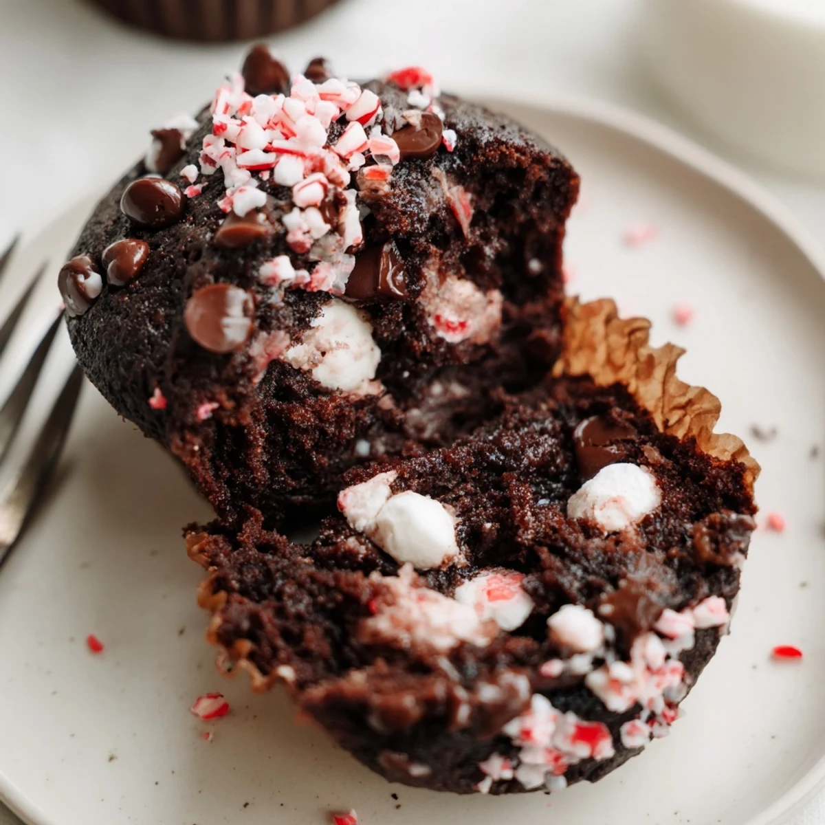 Peppermint Hot Chocolate Muffins cooling on a wire rack, chocolate chips glistening