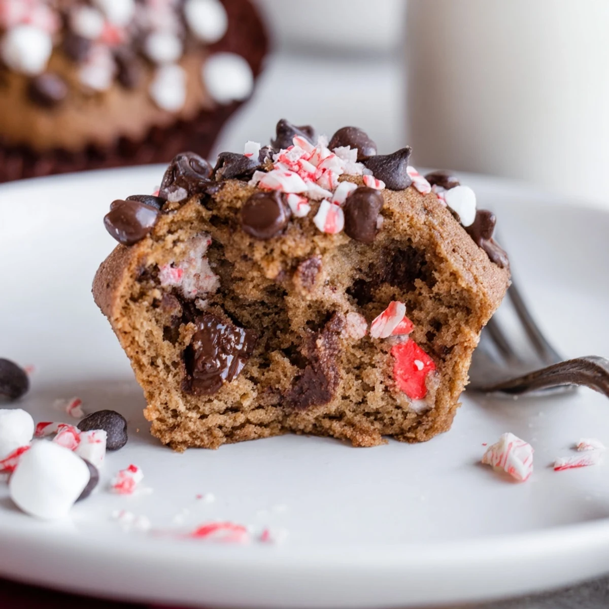 Warm Peppermint Hot Chocolate Muffins topped with crushed peppermint, marshmallow garnish