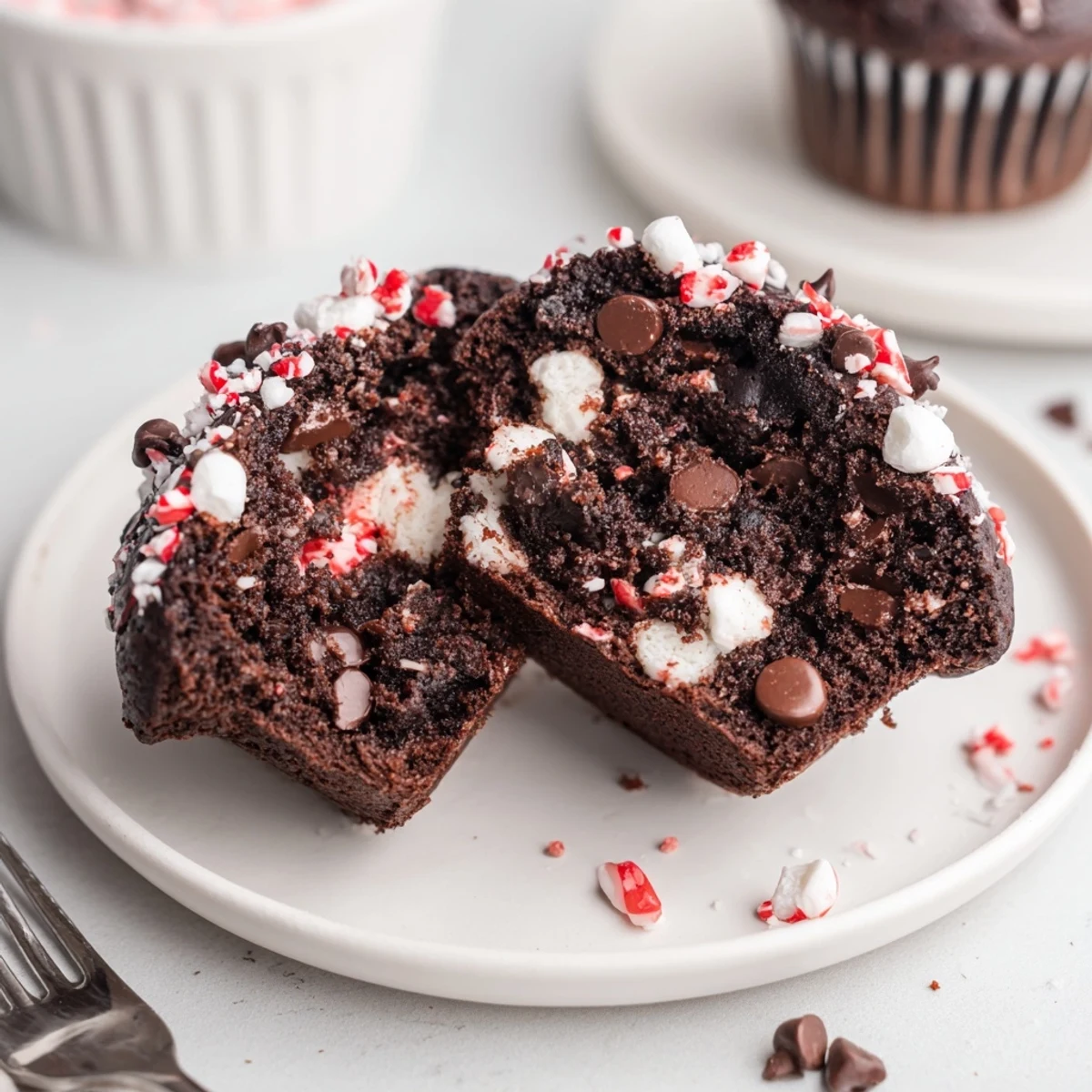 Close-up of Peppermint Hot Chocolate Muffins showing moist crumb and melty chocolate