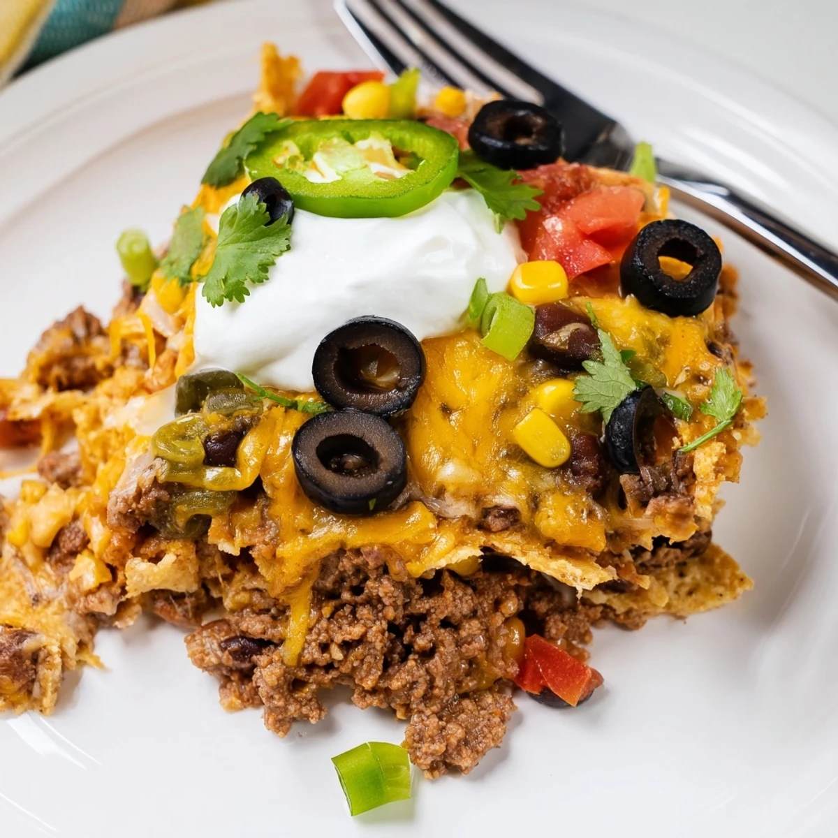 Hearty Cheesy Nacho Casserole served with cilantro, sour cream, warm tortilla chips