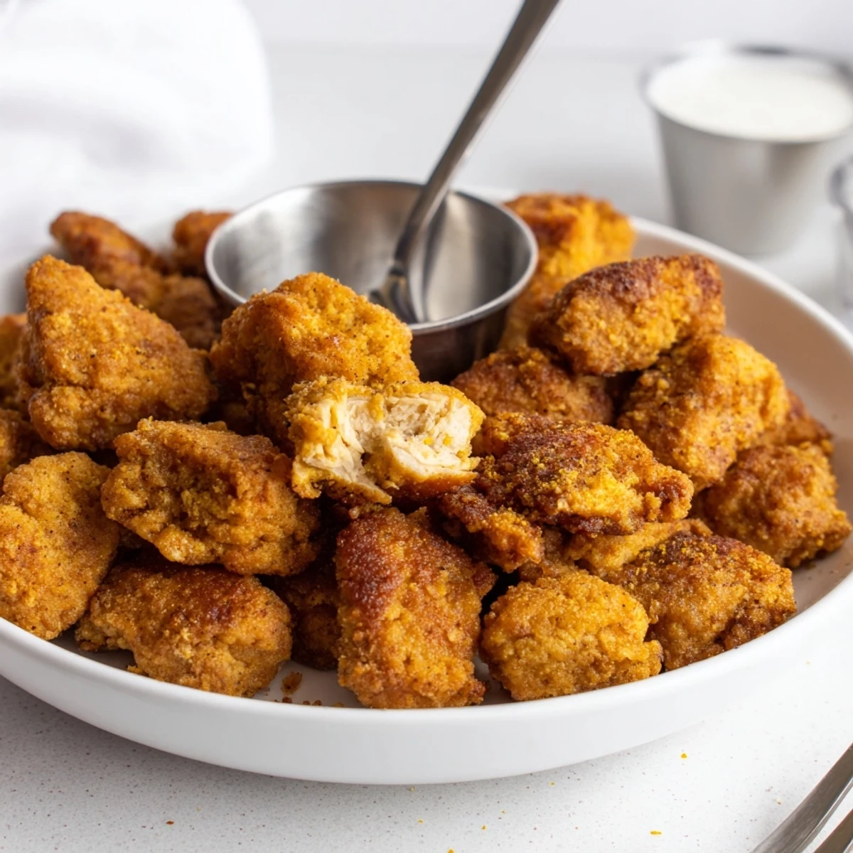 Crispy golden Chicken Bites steaming on a plate, served with ranch.