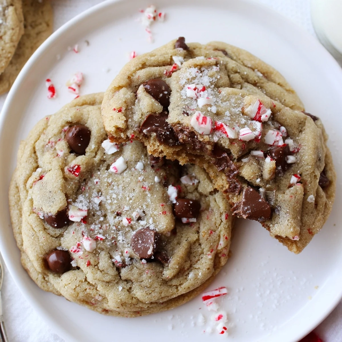 Plate of Peppermint Chocolate Chip Cookies beside a steaming glass of milk