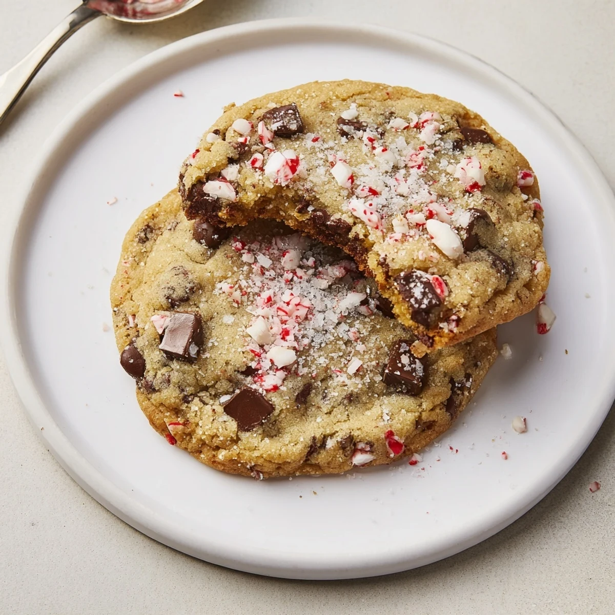 Fresh baked Peppermint Chocolate Chip Cookies with crushed candy cane garnish, festive aroma
