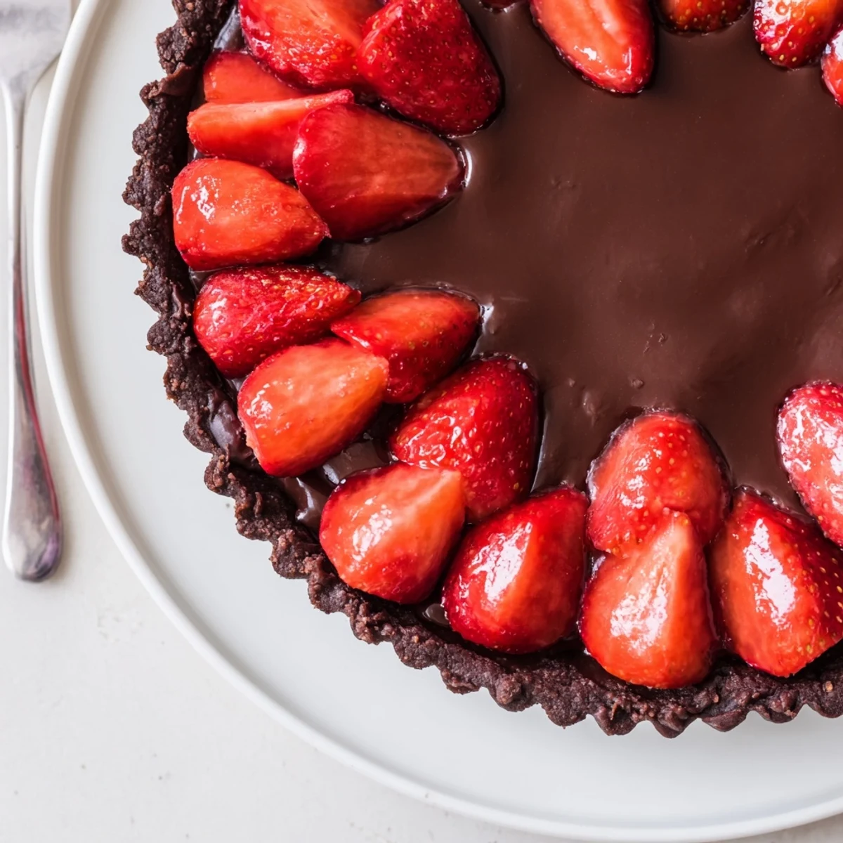 A chilled Dark Chocolate Strawberry Tart Recipe with crisp crust and silky ganache