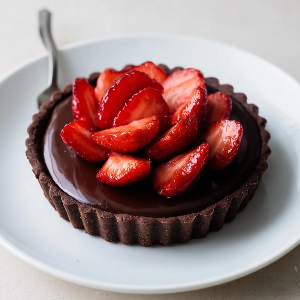 Dark Chocolate Strawberry Tart Recipe, sliced to show glossy ganache and juicy strawberries