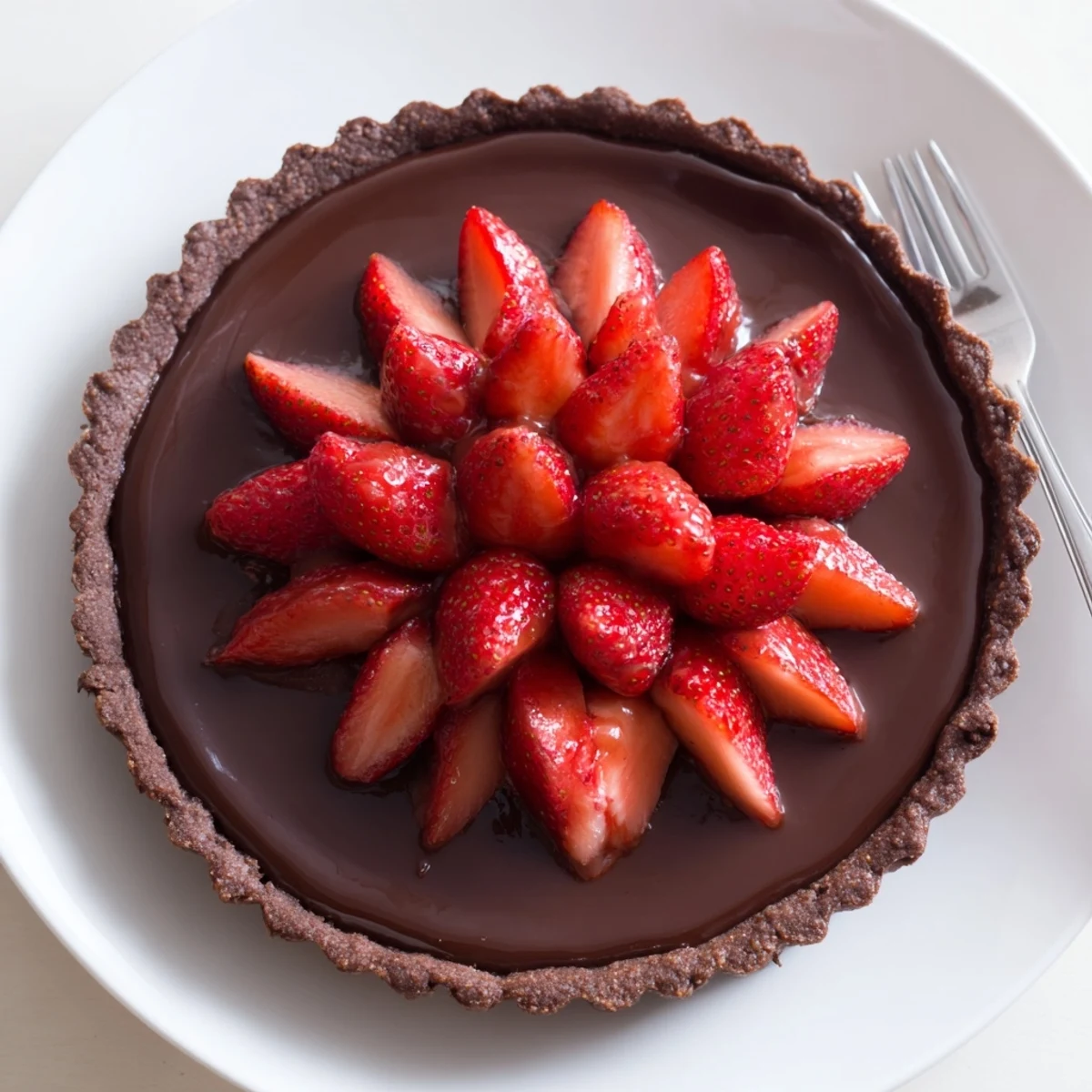 Warm apricot-glazed Dark Chocolate Strawberry Tart Recipe topped with fresh berries and toasted almonds
