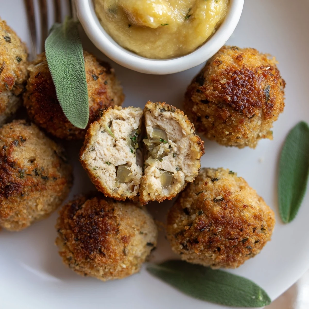 Golden Sage Onion Chicken Balls glistening with olive oil, served with dip