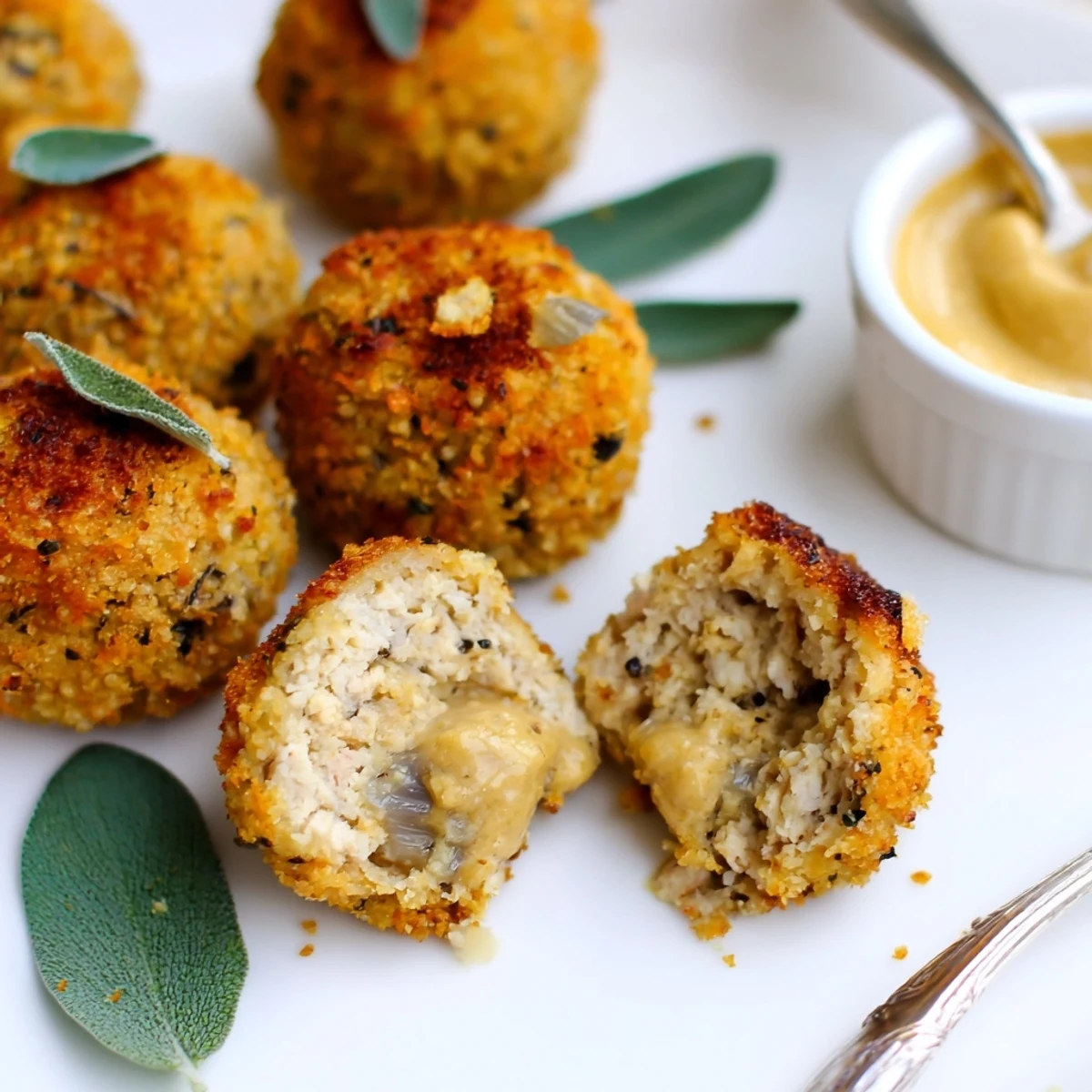 Crispy-skinned Sage Onion Chicken Balls paired with honey-mustard for dipping