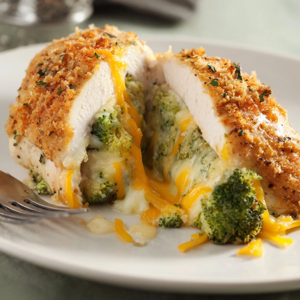 Broccoli Cheese Stuffed Chicken Breast bubbling with golden cheddar, sliced, ready to serve