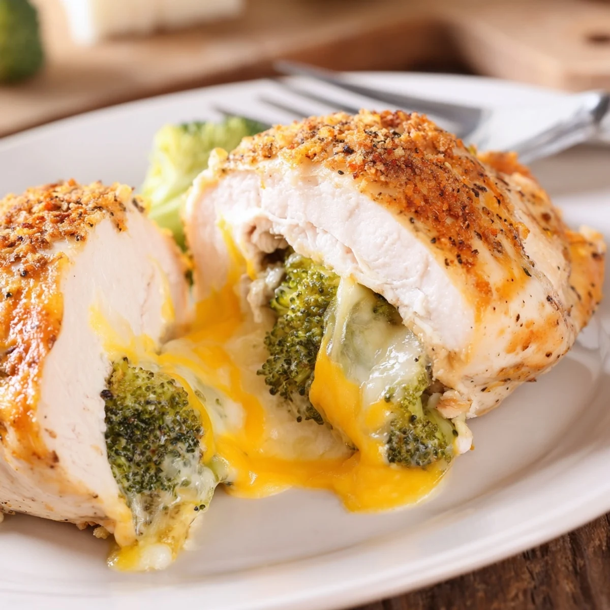 Warm Broccoli Cheese Stuffed Chicken Breast revealing creamy broccoli and cheddar filling