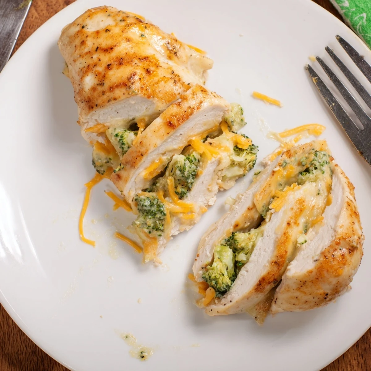 Juicy oven roasted Broccoli Cheese Stuffed Chicken Breast plated with crisp green salad