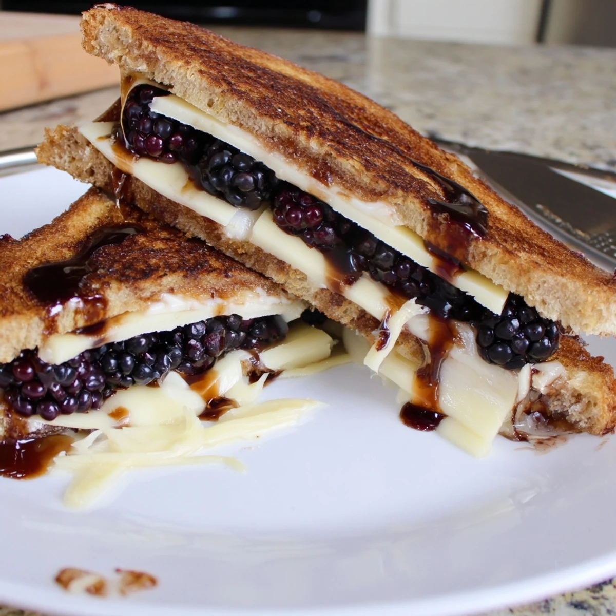 Warm Balsamic Blackberry Bliss Grilled Cheese sliced, juicy blackberries oozing, balsamic drizzle