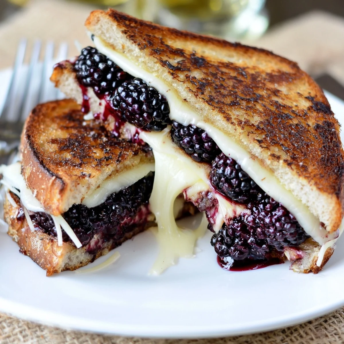 Pan-toasted Balsamic Blackberry Bliss Grilled Cheese served with fresh basil, recommended Pinot Noir