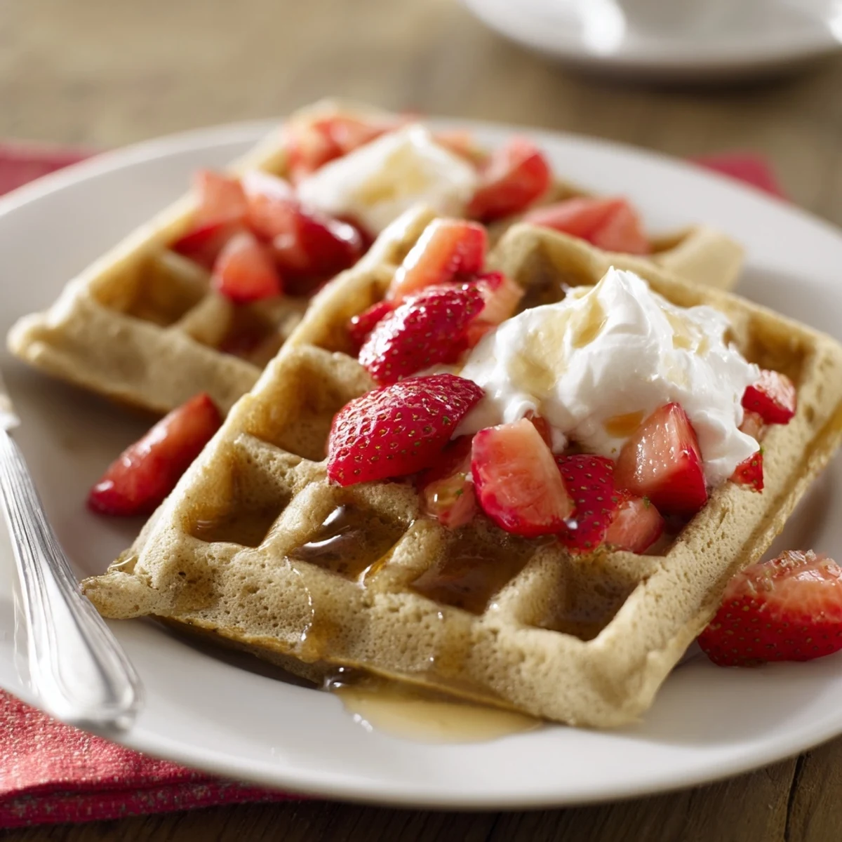 Golden, fluffy Strawberry Waffles Recipe topped with whipped cream and maple syrup