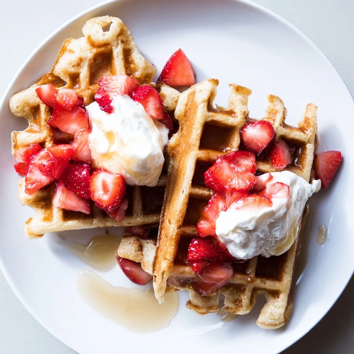 Crisp-edged Strawberry Waffles Recipe stacked with sliced berries and honey drizzle