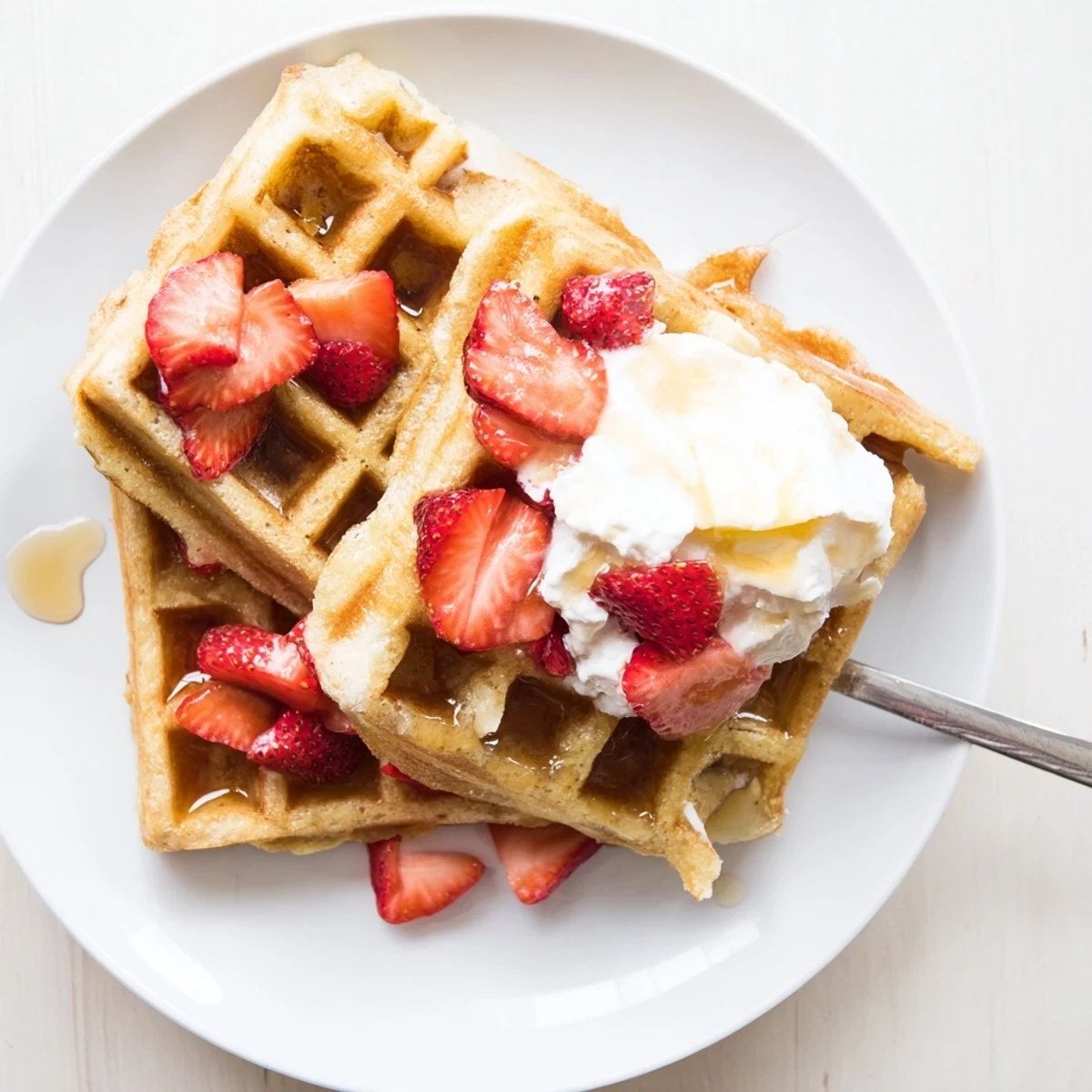 Freshly made Strawberry Waffles Recipe on a hot waffle iron, steam rising
