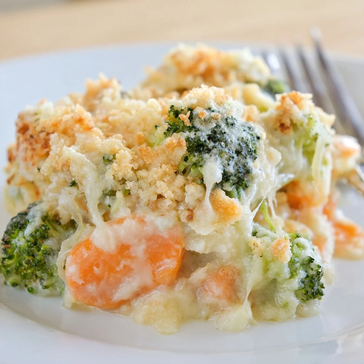 Golden, bubbly Cheese Bake Broccoli Carrots with crispy panko topping, steamy and savory