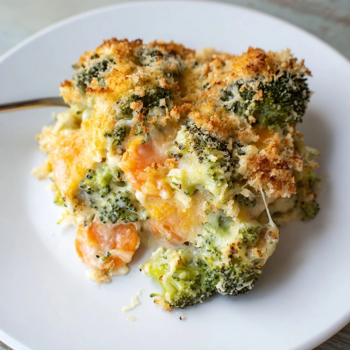 Forkful of cheesy Cheese Bake Broccoli Carrots revealing tender florets, sweet carrot slices