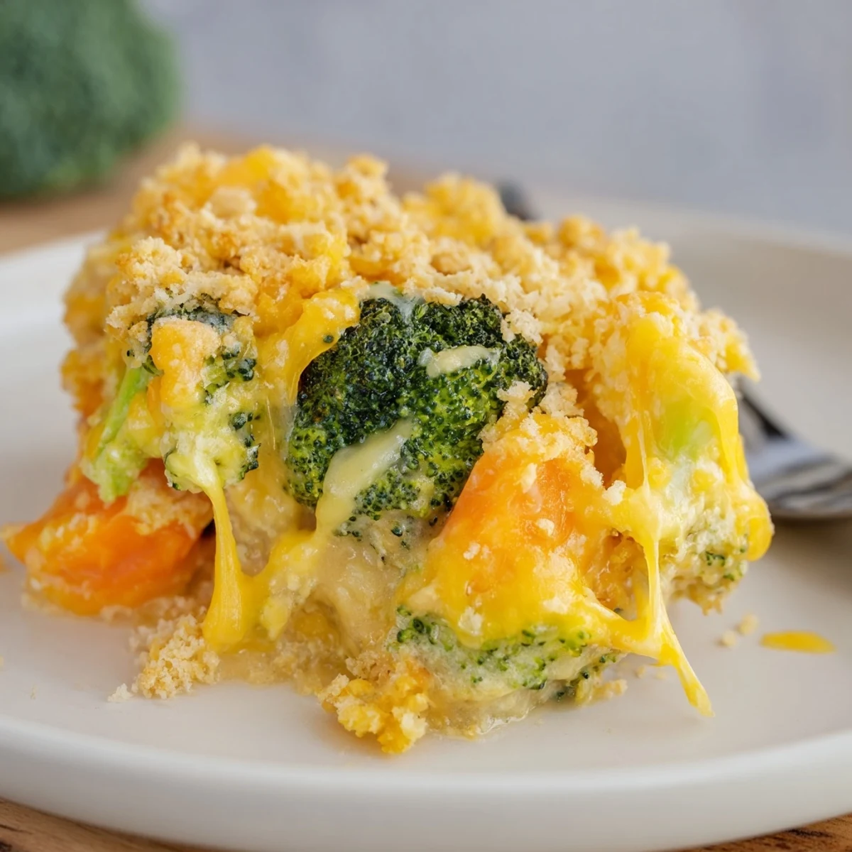 Creamy Cheese Bake Broccoli Carrots nestled in a hot ceramic dish, ready to serve