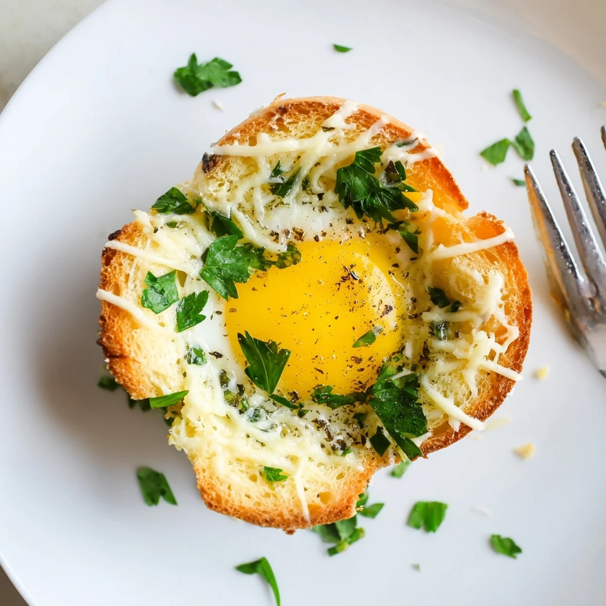 Lazy Garlic Bread Egg Cups with golden edges and runny yolks, parsley garnish
