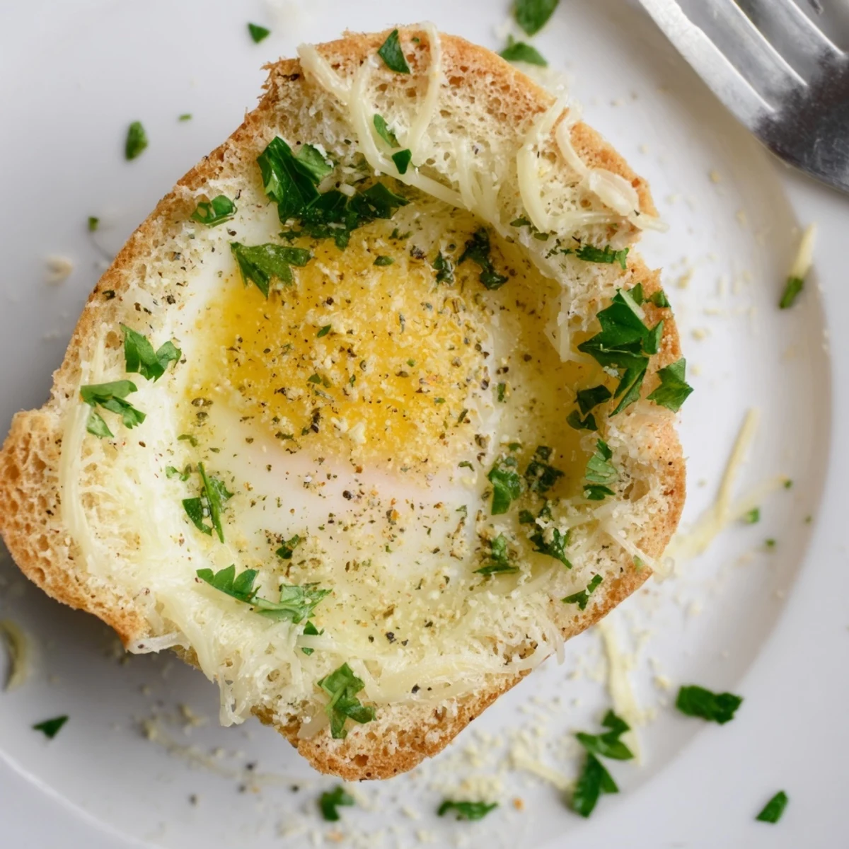 Easy Lazy Garlic Bread Egg Cups served with fruit and fresh parsley
