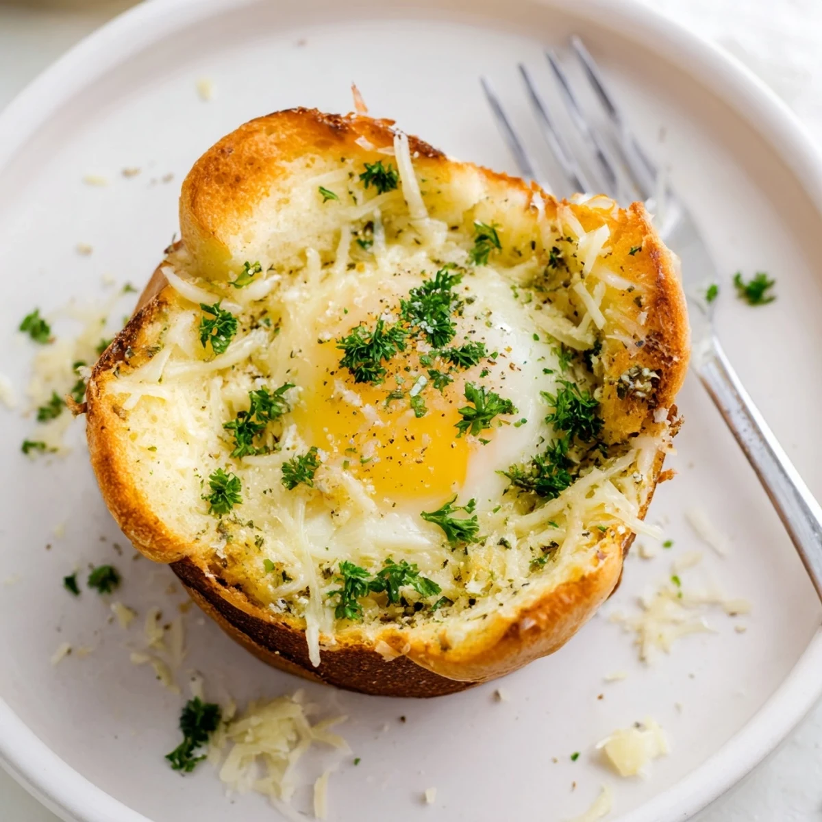 Warm Lazy Garlic Bread Egg Cups nestled in muffin tin, buttery garlic aroma