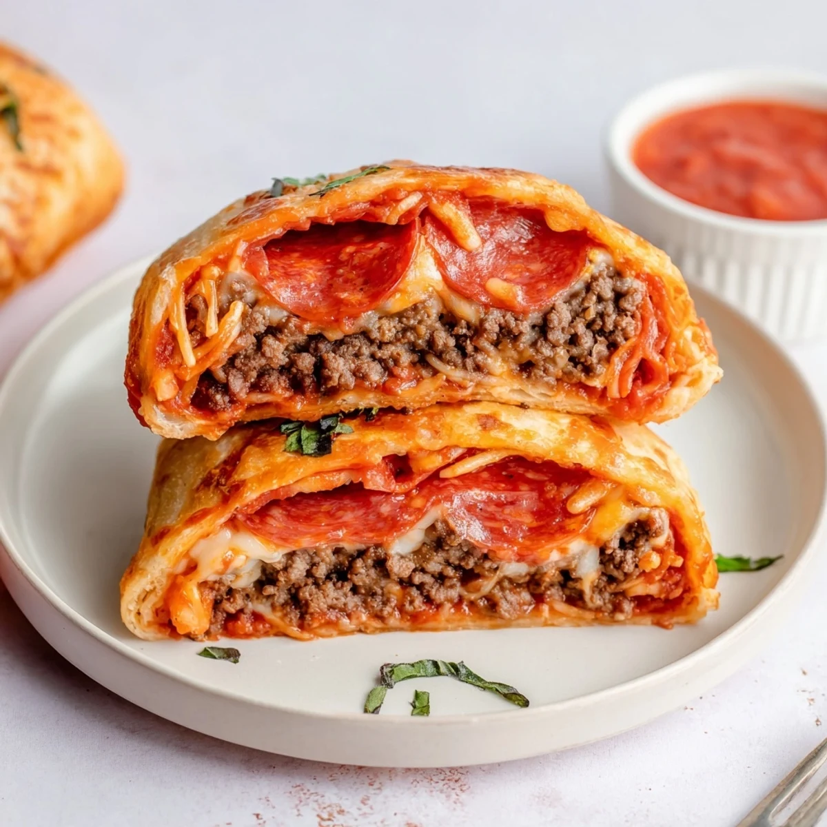 Cheesy Beef Pepperoni Pizza Roll Ups Snack Recipe showing golden baked spirals, gooey cheese