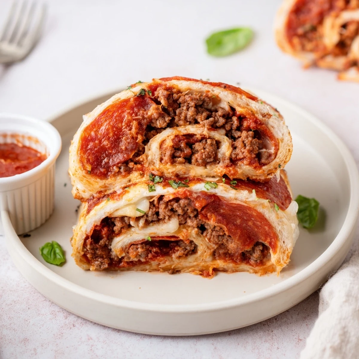 Freshly baked Cheesy Beef Pepperoni Pizza Roll Ups Snack Recipe, crispy edges, melty center