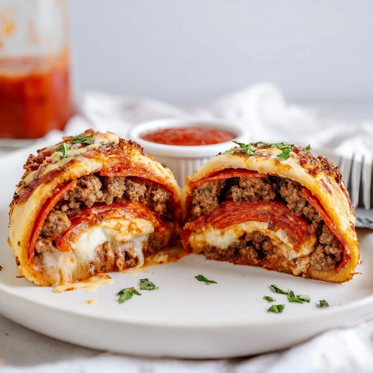 Warm Cheesy Beef Pepperoni Pizza Roll Ups Snack Recipe served with rich pizza sauce