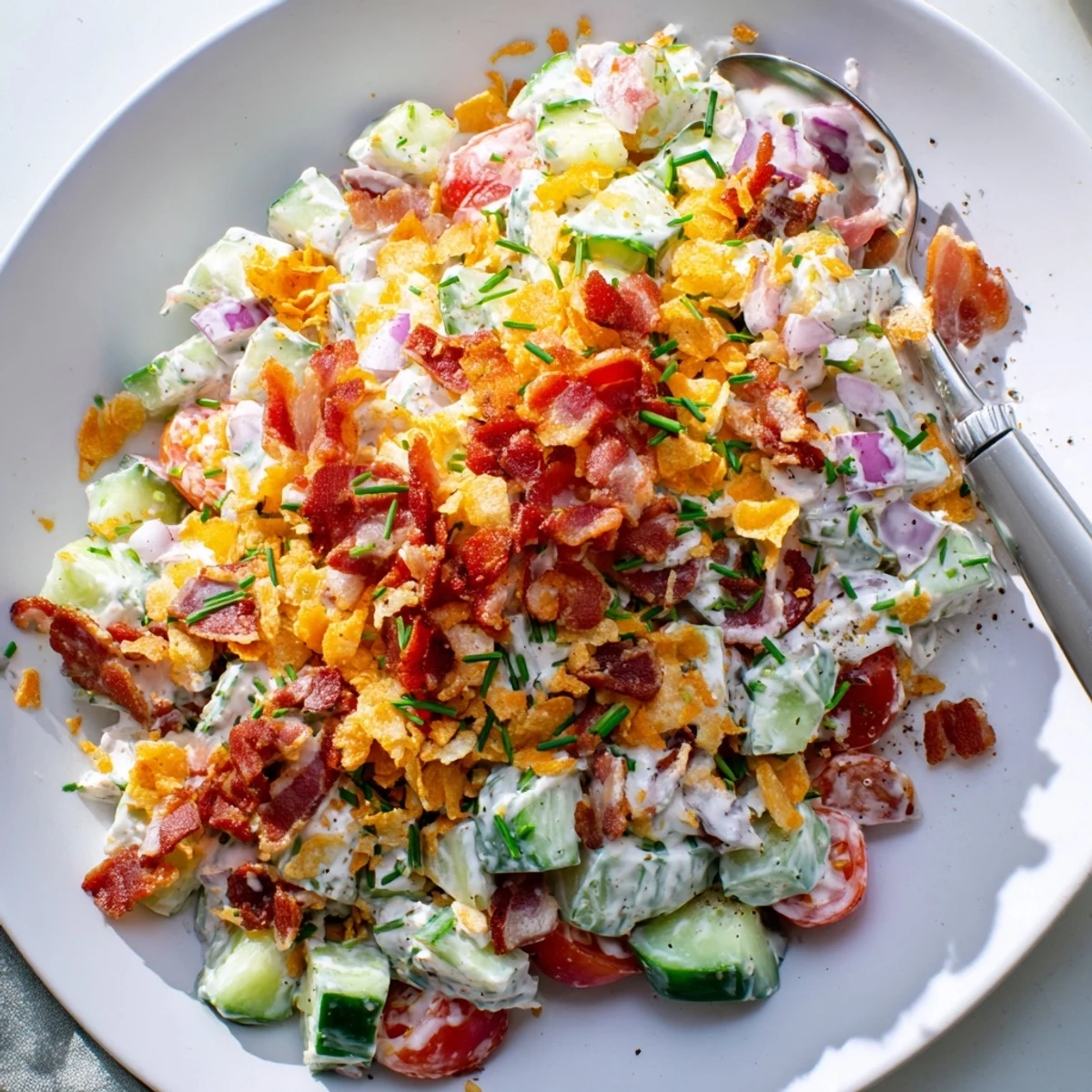 Cucumber Ranch Crack Salad piled with crunchy chips, smoky bacon, creamy ranch.