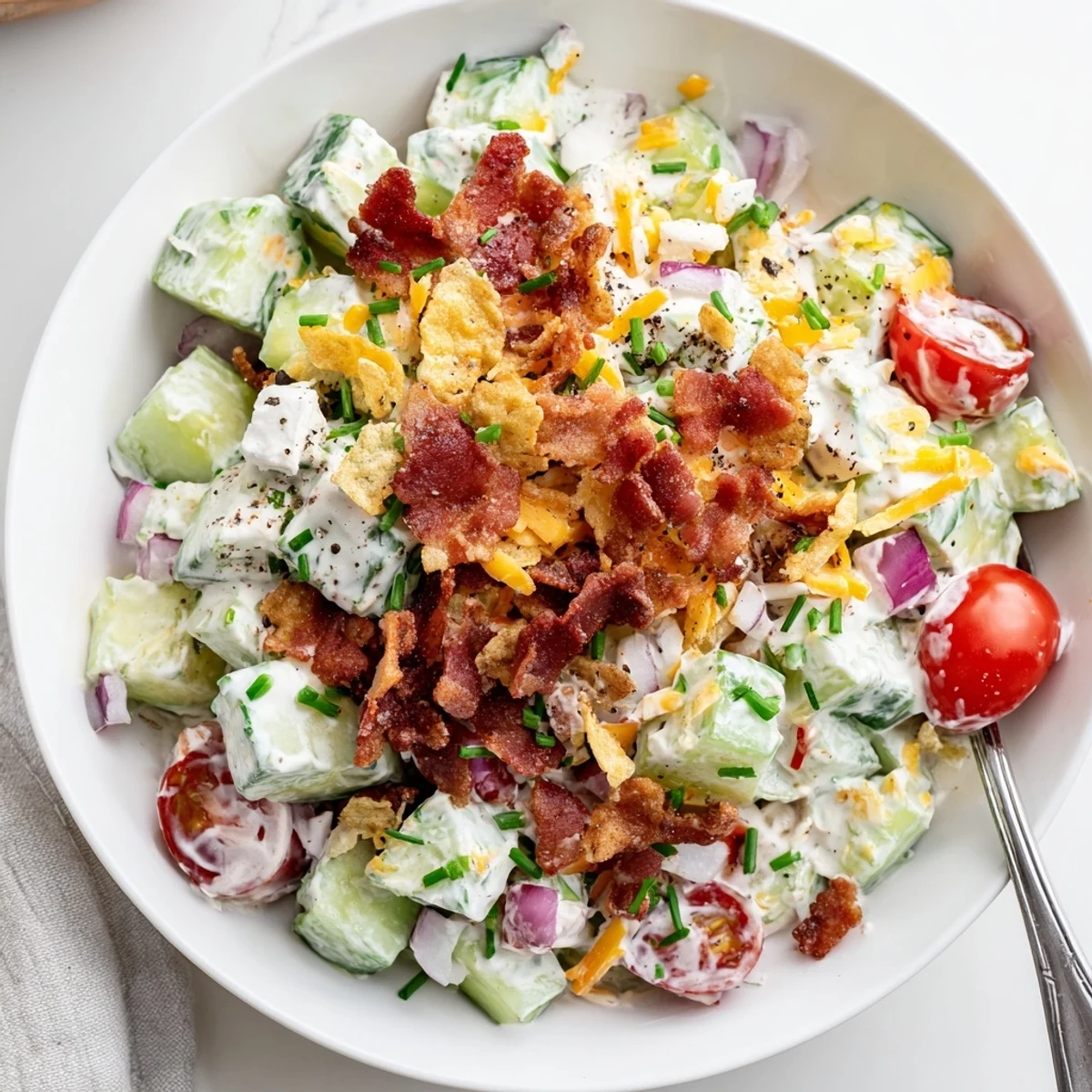 Close-up of Cucumber Ranch Crack Salad recipe, ready for potluck, bright and crunchy.
