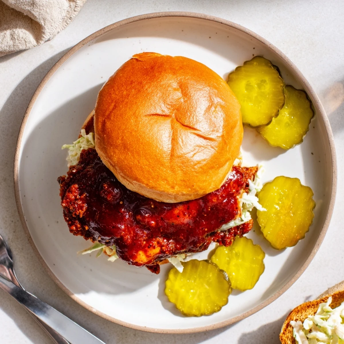 Spicy Nashville Hot Chicken Sandwiches with glossy cayenne glaze, crunchy pickles and slaw