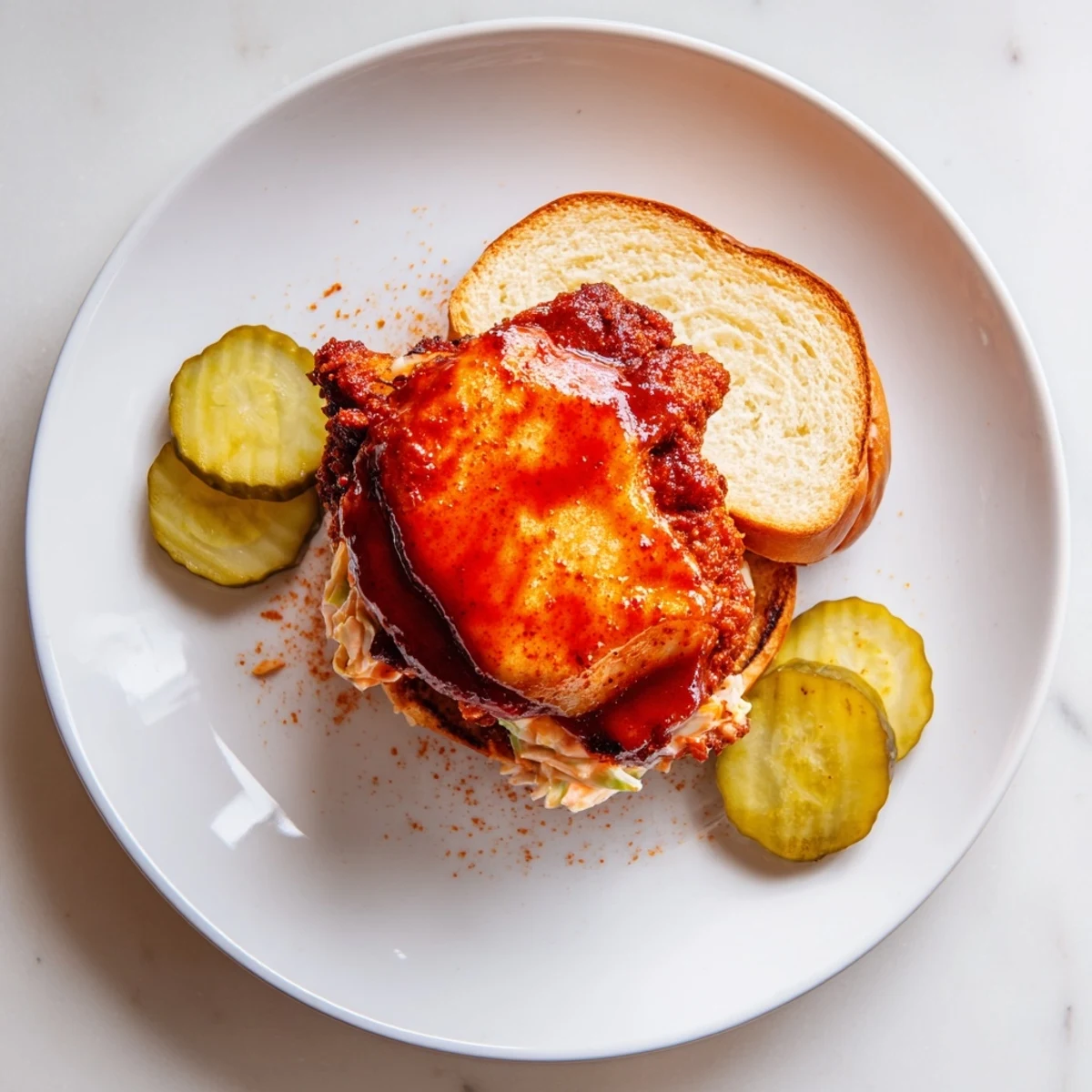 Crispy, fiery Spicy Nashville Hot Chicken Sandwiches served with cold dill pickles, iced tea