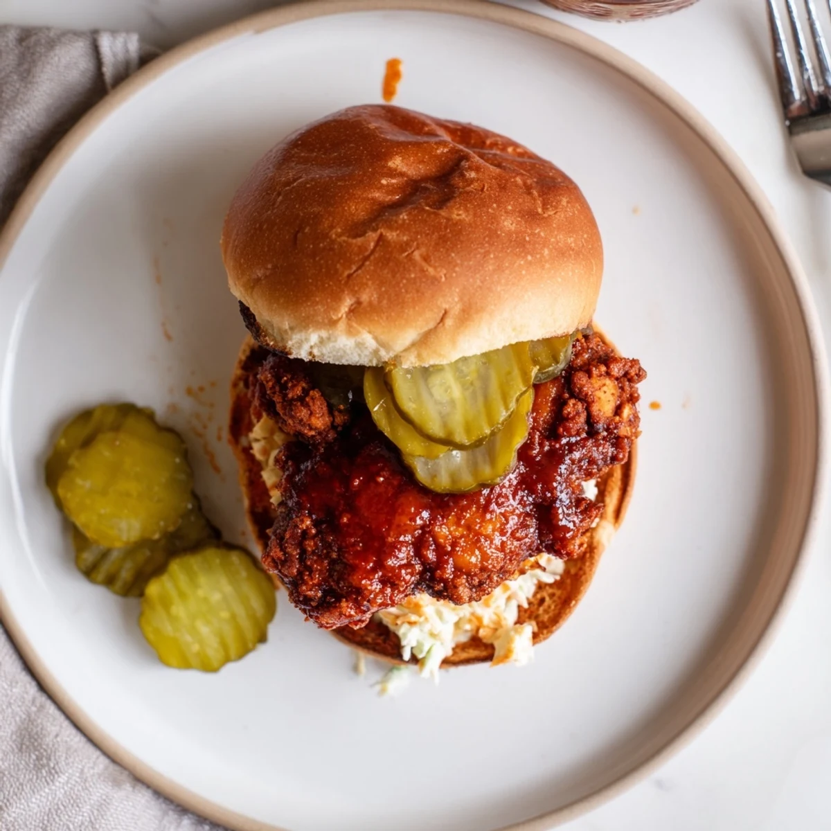 Buttered brioche holding Spicy Nashville Hot Chicken Sandwiches, juicy thighs and creamy slaw