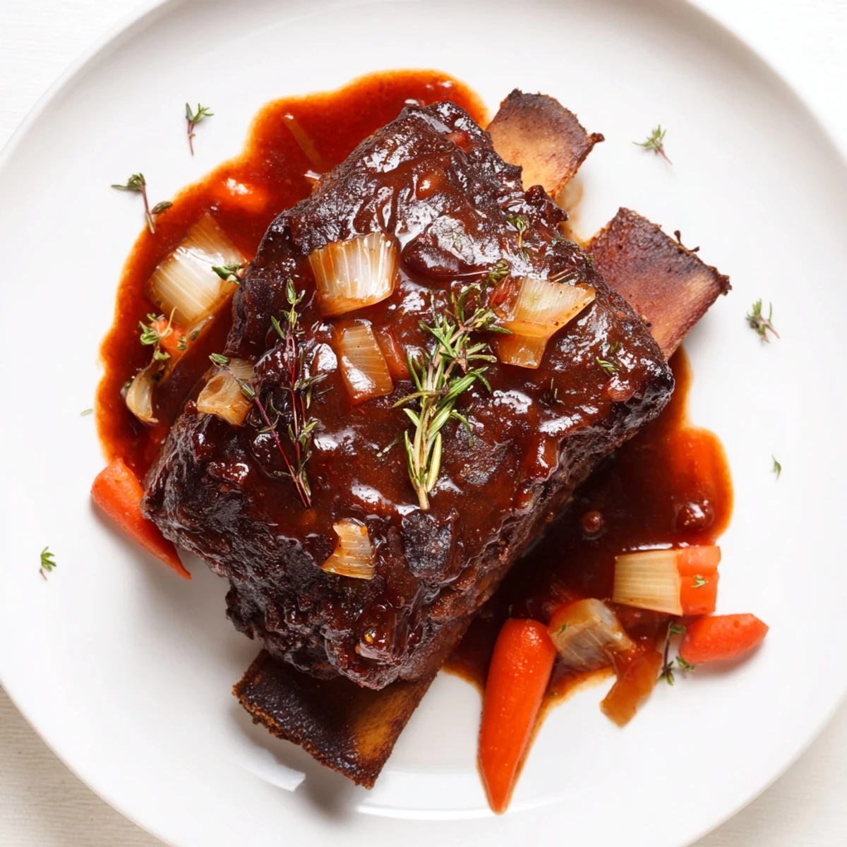 Slow Cooker Beef Short Ribs glistening in rich sauce over mashed potatoes  