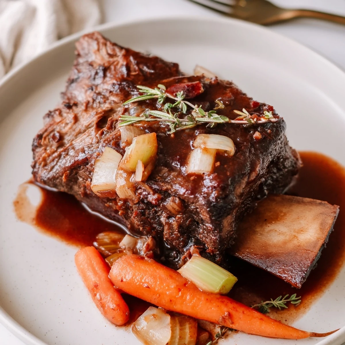 Braised Slow Cooker Beef Short Ribs with red wine aroma, herbs visible