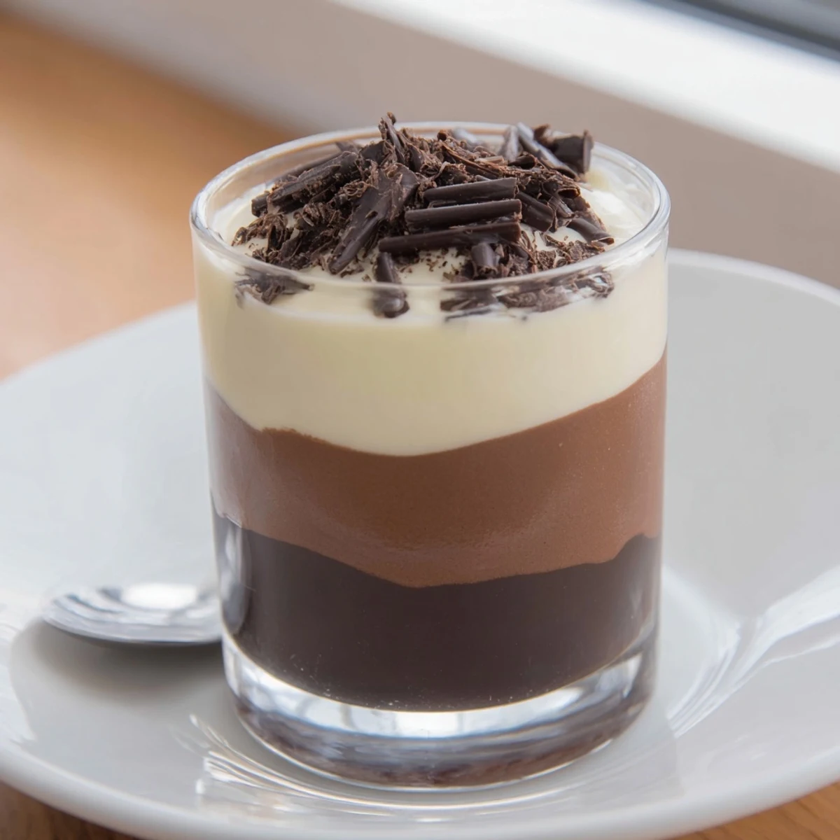 Triple Chocolate Mousse Cups layered with glossy dark, milk, and white mousses  